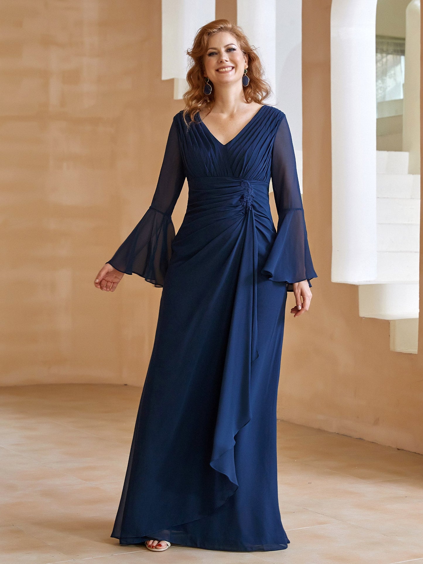 V Neck Pleated Floor-Length Dress Dark Navy