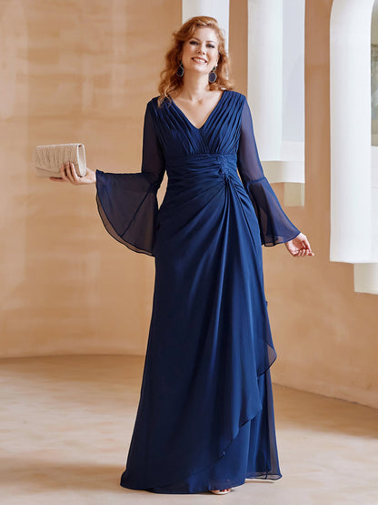 V Neck Pleated Floor-Length Dress Dark Navy