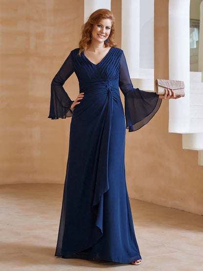 V Neck Pleated Floor-Length Dress Dark Navy