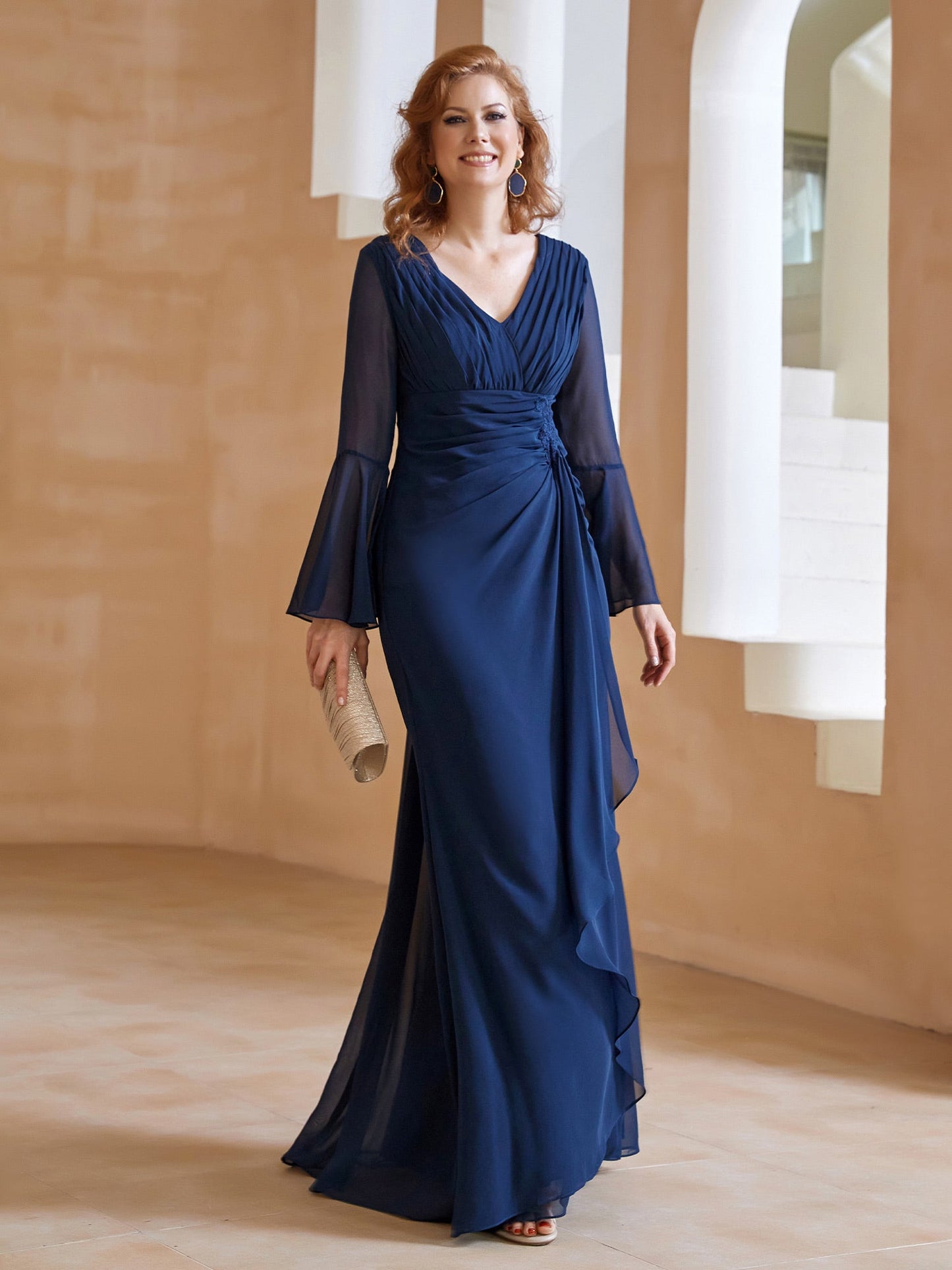 V Neck Pleated Floor-Length Dress Dark Navy