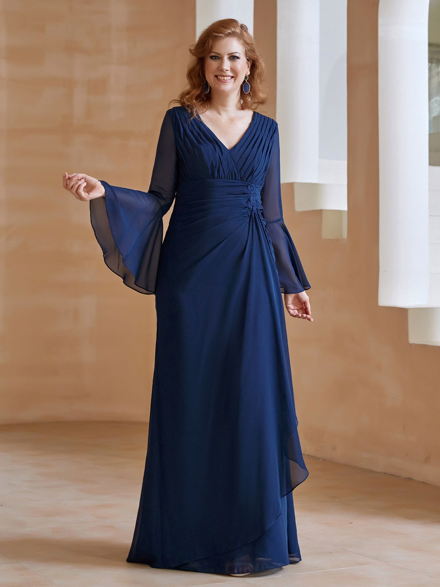 V Neck Pleated Floor-Length Dress Dark Navy