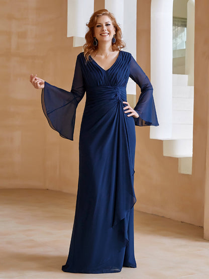 V Neck Pleated Floor-Length Dress Dark Navy