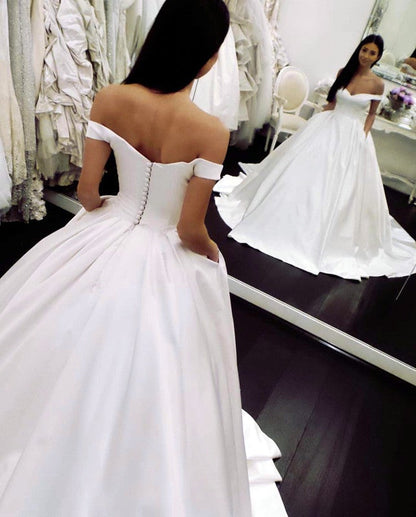 Classic Off Shoulder Satin Wedding Dresses Ball Gowns
