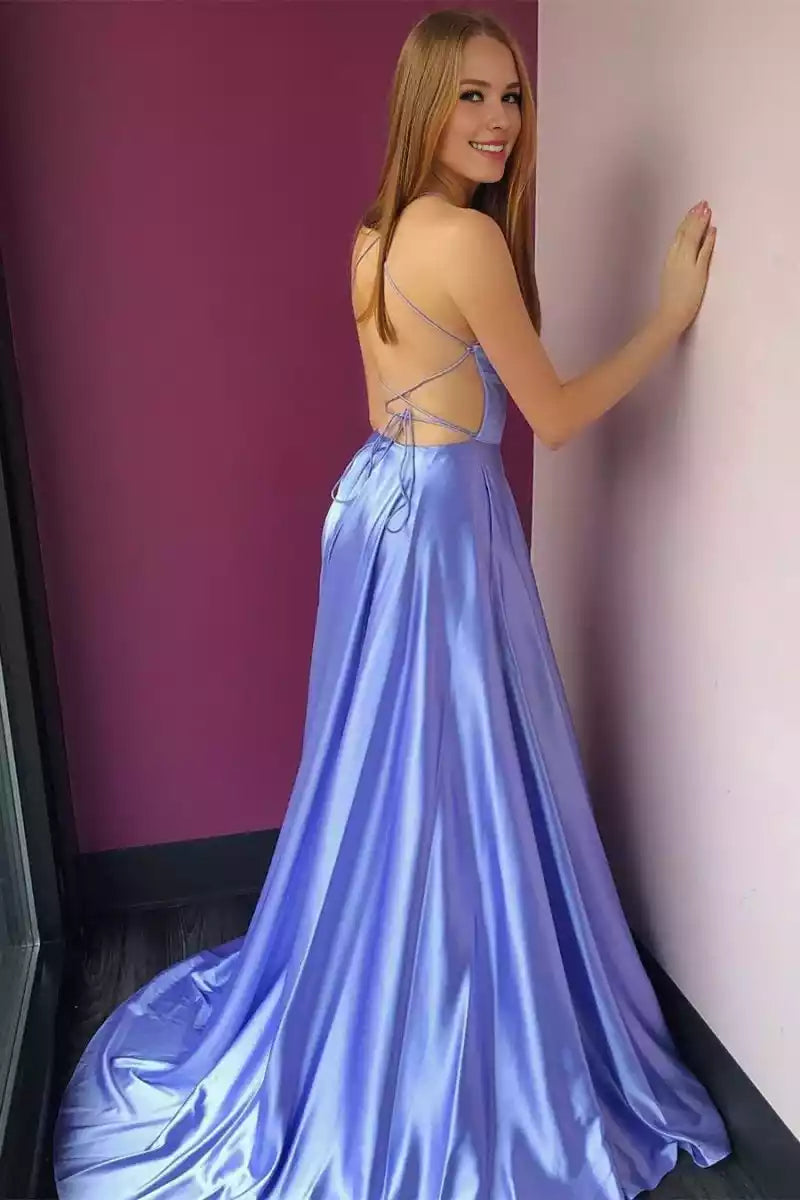 Classic A-line silhouette simple high slit satin sleeveless lace up back Prom Dresses