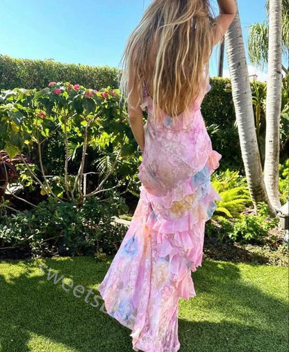 Spaghetti Straps Mermaid Pink Evening Dress Long Prom Dresses,AST921
