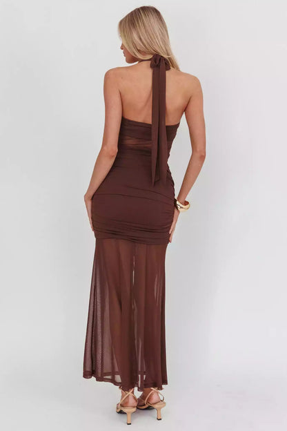 Classic partially lined backless pleated detail front split side zipper Prom Dresses