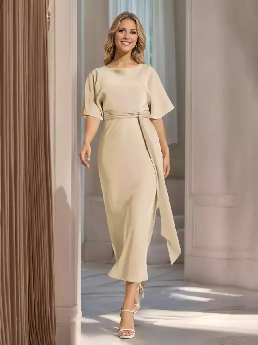 Classic slim fit/straight tube boat neck short sleeved long style, minimalist and highlighting charming temperament Mother of the Bride Dresses