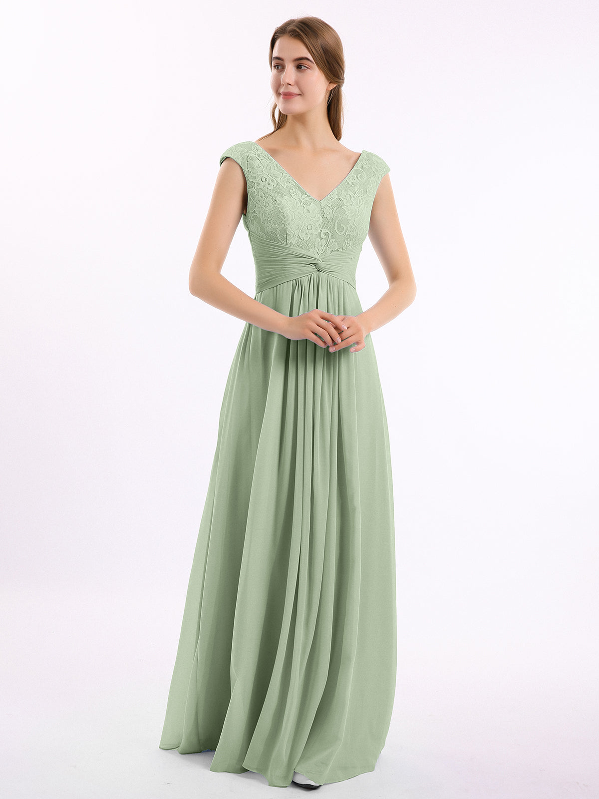 Cap Sleeves Chiffon and Lace Dress with V NECK Dusty Sage
