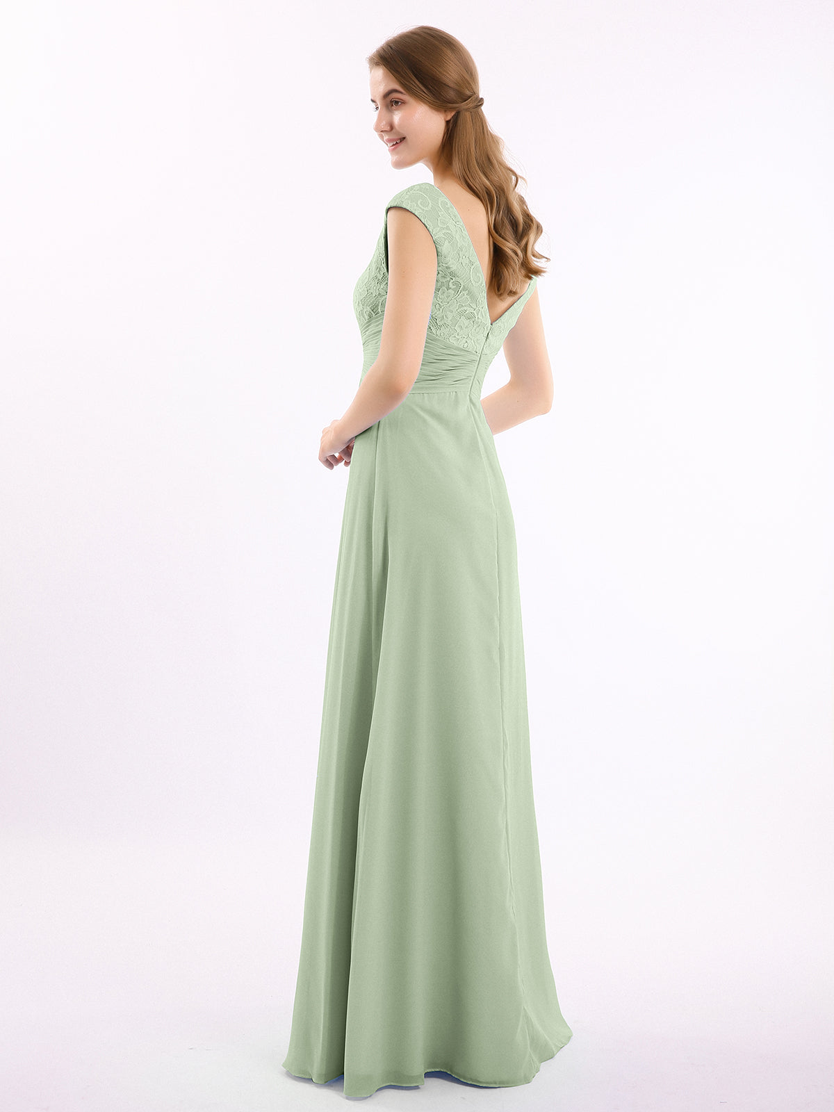 Cap Sleeves Chiffon and Lace Dress with V NECK Dusty Sage