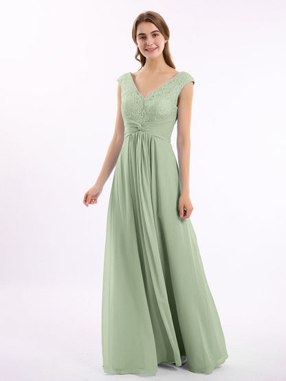 Cap Sleeves Chiffon and Lace Dress with V NECK Dusty Sage