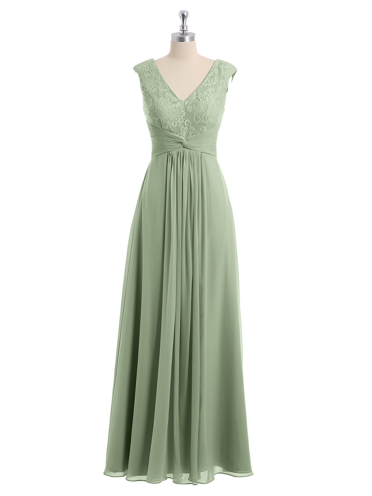 Cap Sleeves Chiffon and Lace Dress with V NECK Dusty Sage