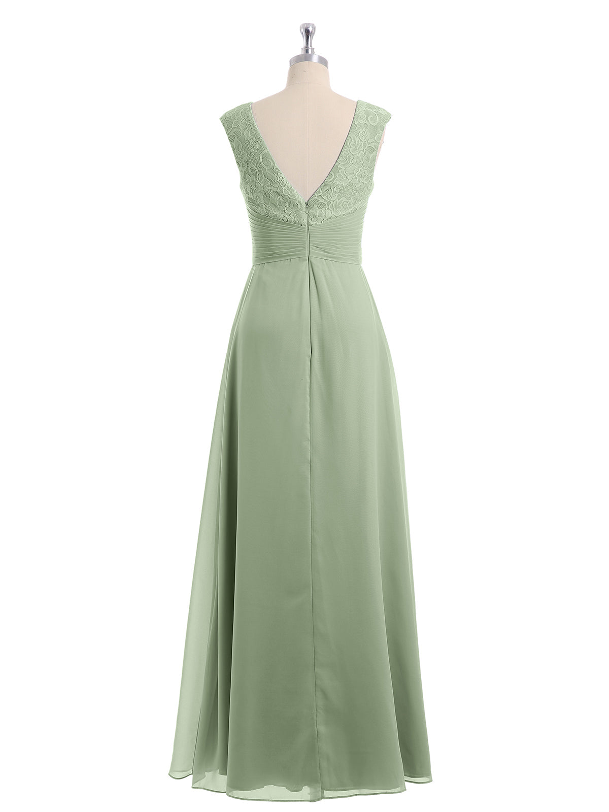 Cap Sleeves Chiffon and Lace Dress with V NECK Dusty Sage