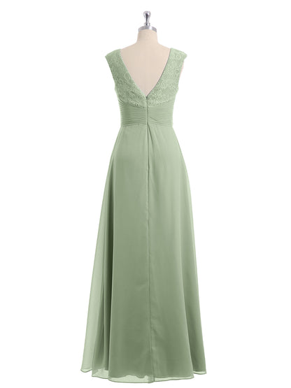 Cap Sleeves Chiffon and Lace Dress with V NECK Dusty Sage