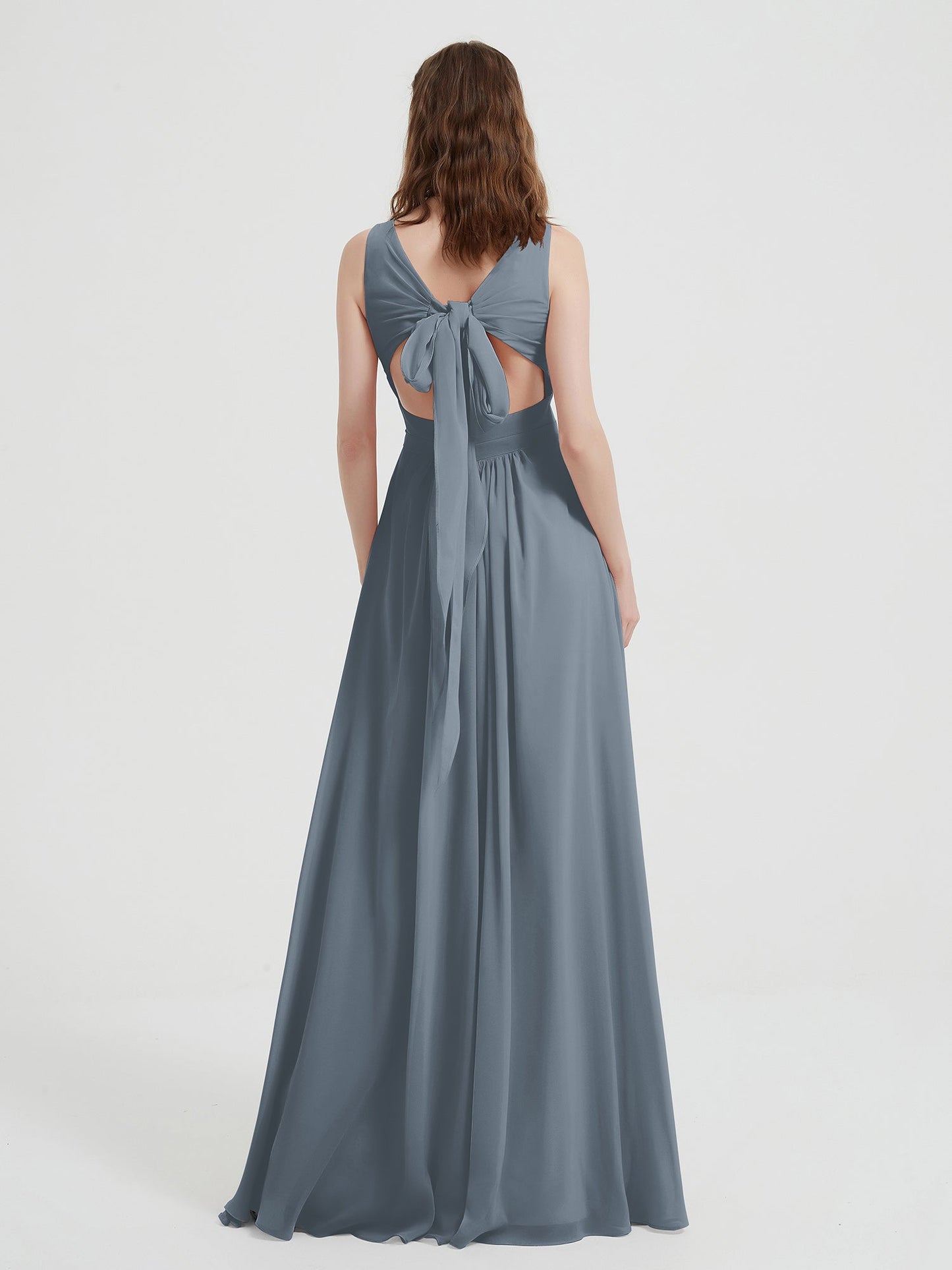 Open Back Chiffon Dresses with V neck Slate Blue