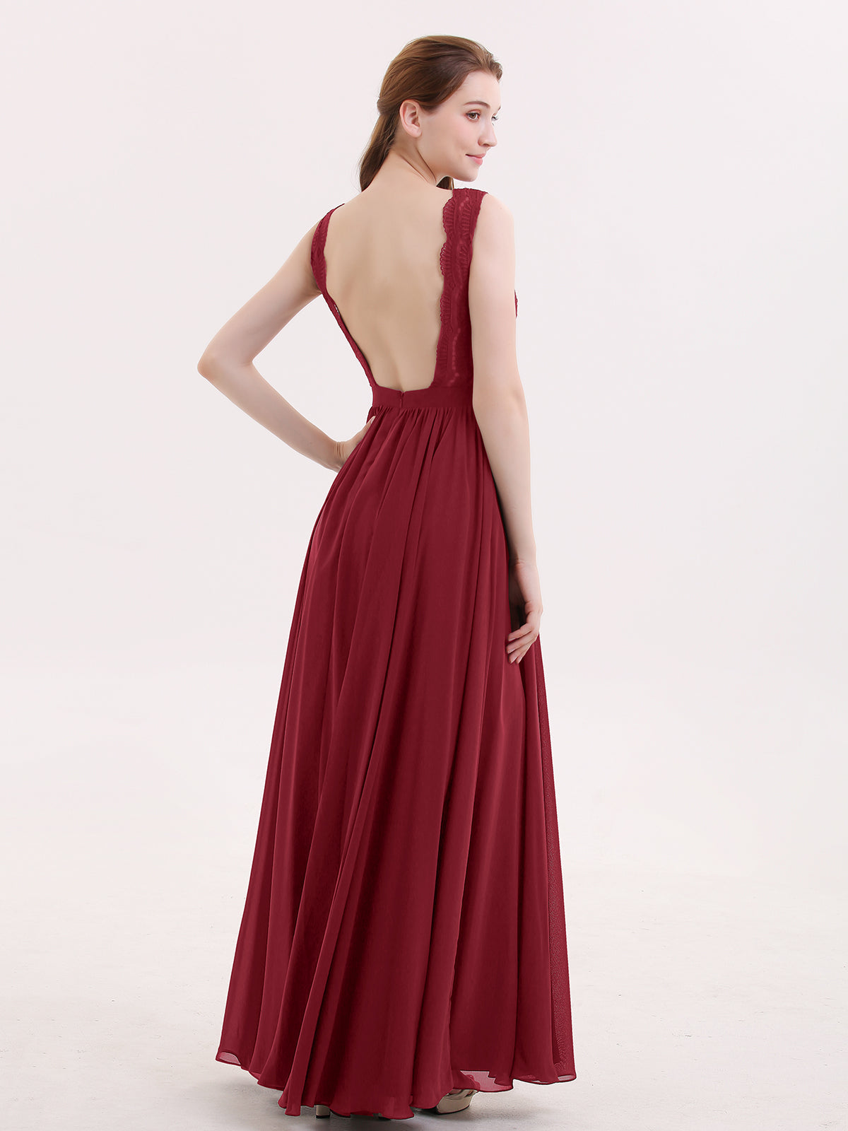 Lace and Chiffon Sexy Dress with Slit Burgundy