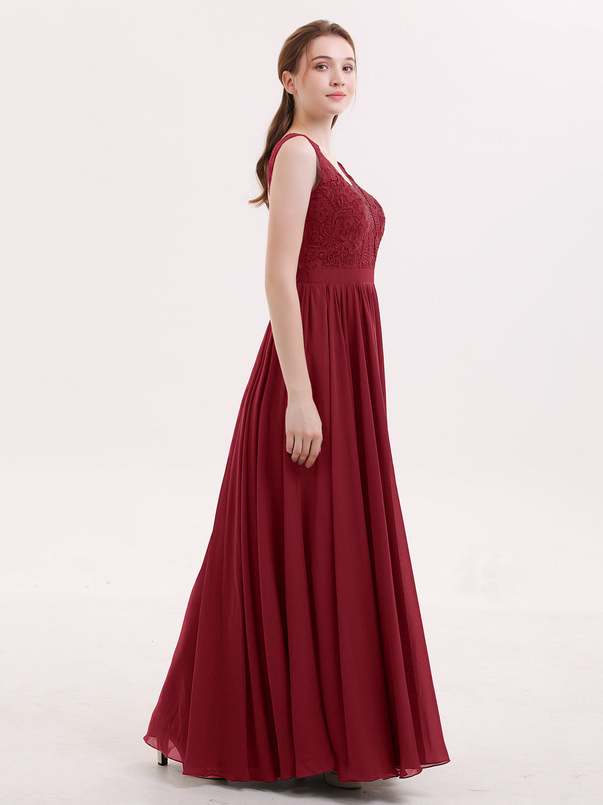 Lace and Chiffon Sexy Dress with Slit Burgundy