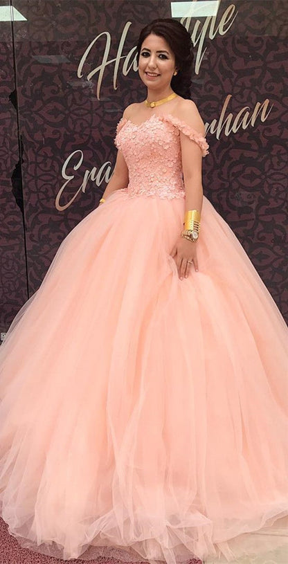 Coral Lace Sweetheart Off The Shoulder Ball Gowns Quinceanera Dresses