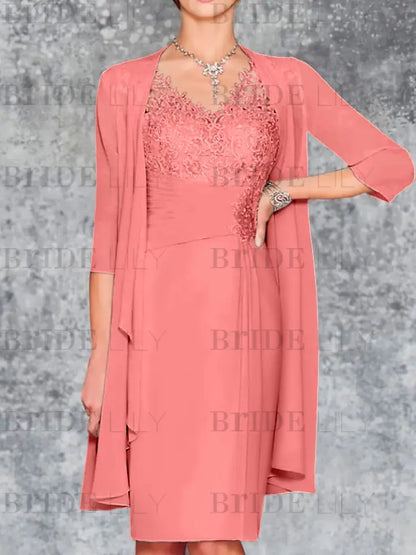 Two Piece Ruffle Chiffon Mother of the Bride Outfit Lace Short Wedding Guest Dress