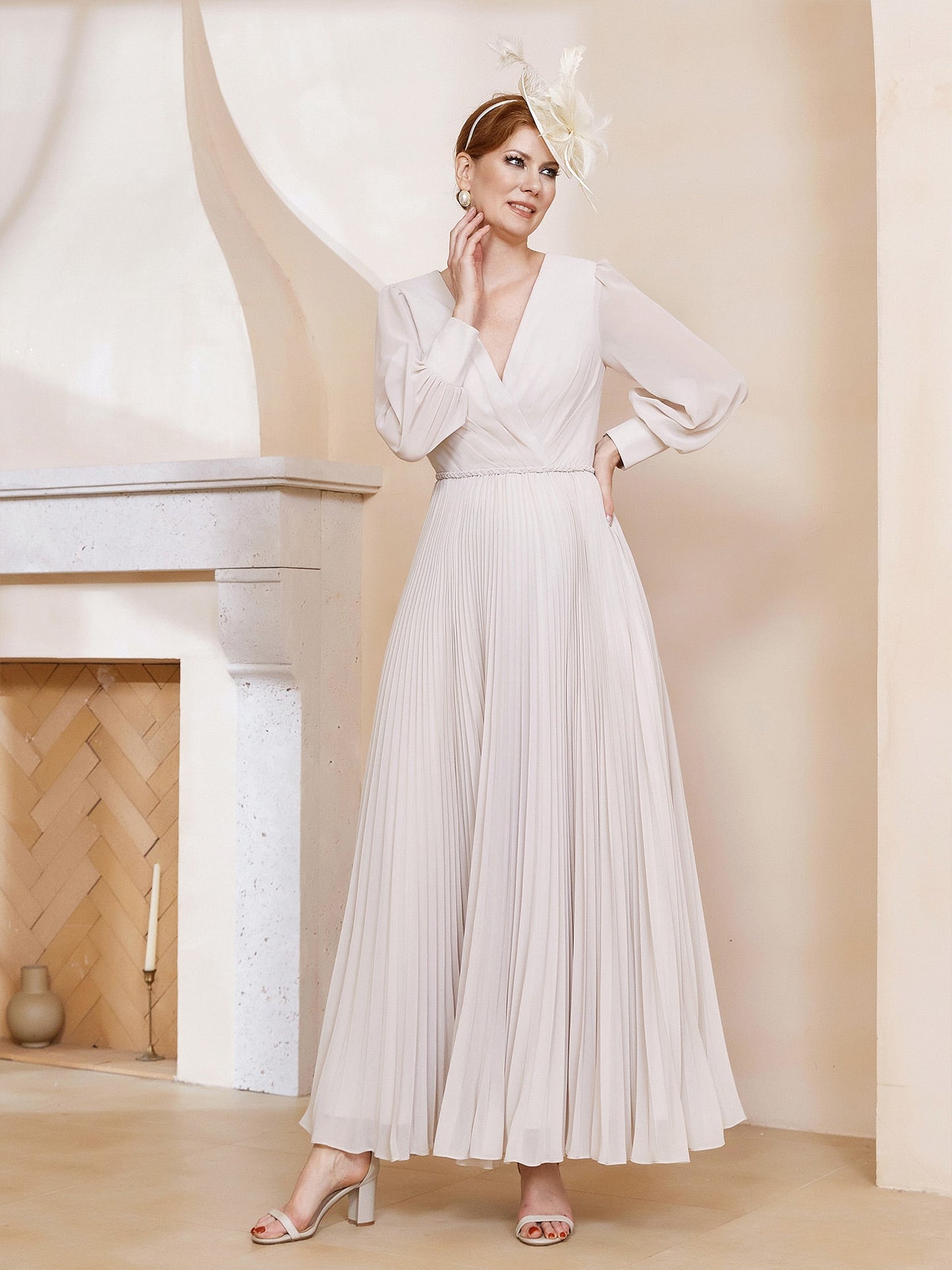 V-neck Long Sleeves Pleated Ruched Dress Ivory