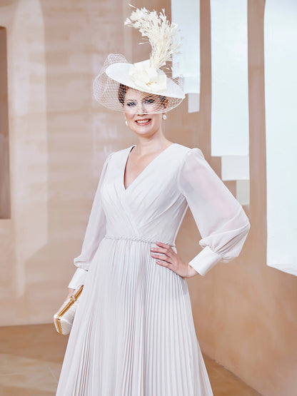 V-neck Long Sleeves Pleated Ruched Dress Ivory