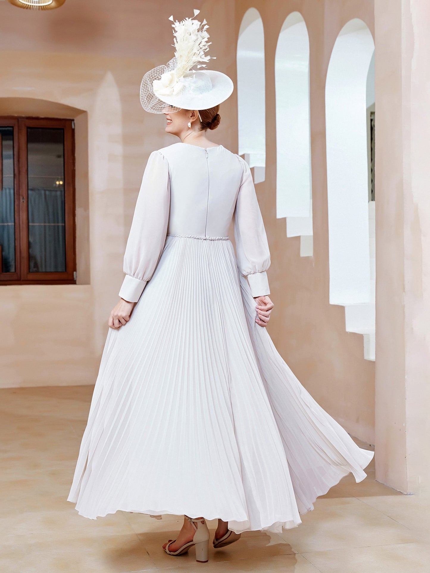 V-neck Long Sleeves Pleated Ruched Dress Ivory