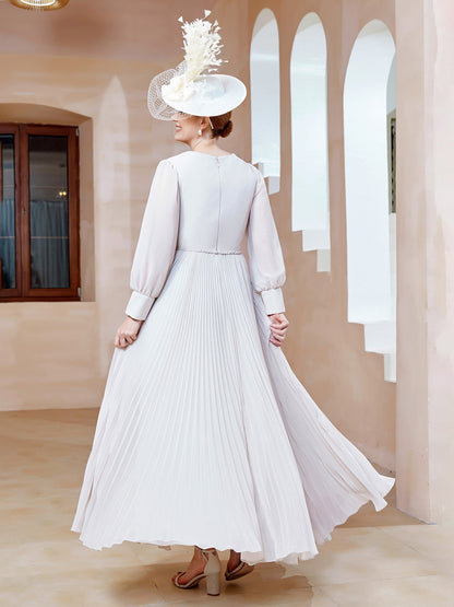 V-neck Long Sleeves Pleated Ruched Dress Ivory