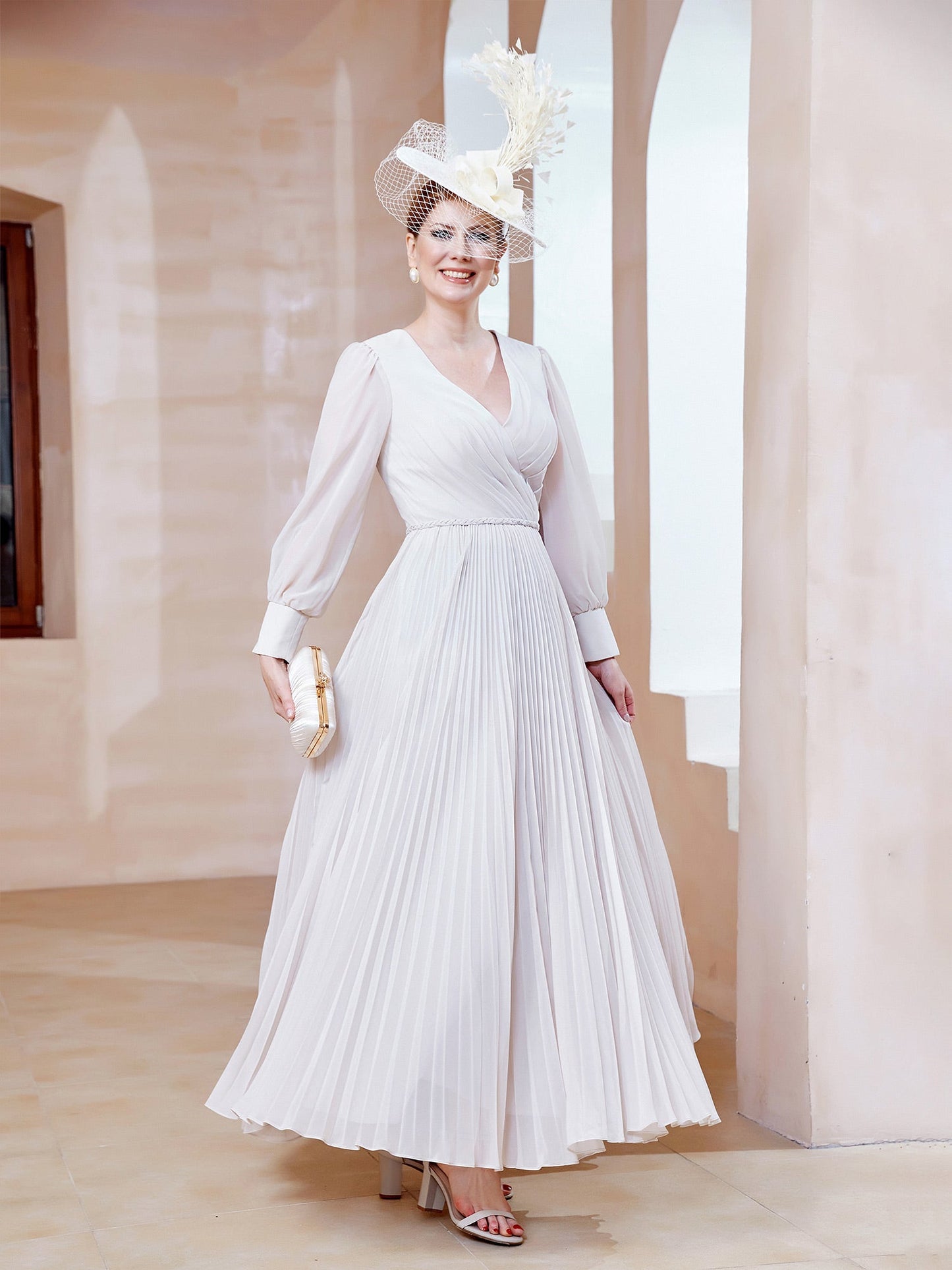 V-neck Long Sleeves Pleated Ruched Dress Ivory