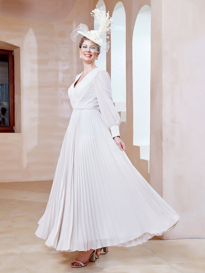 V-neck Long Sleeves Pleated Ruched Dress Ivory