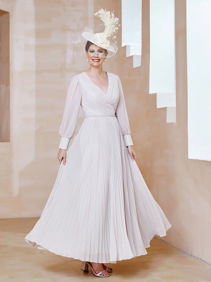 V-neck Long Sleeves Pleated Ruched Dress Ivory