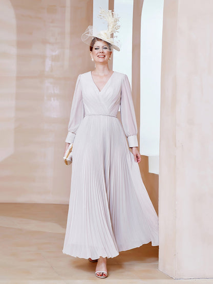 V-neck Long Sleeves Pleated Ruched Dress Ivory