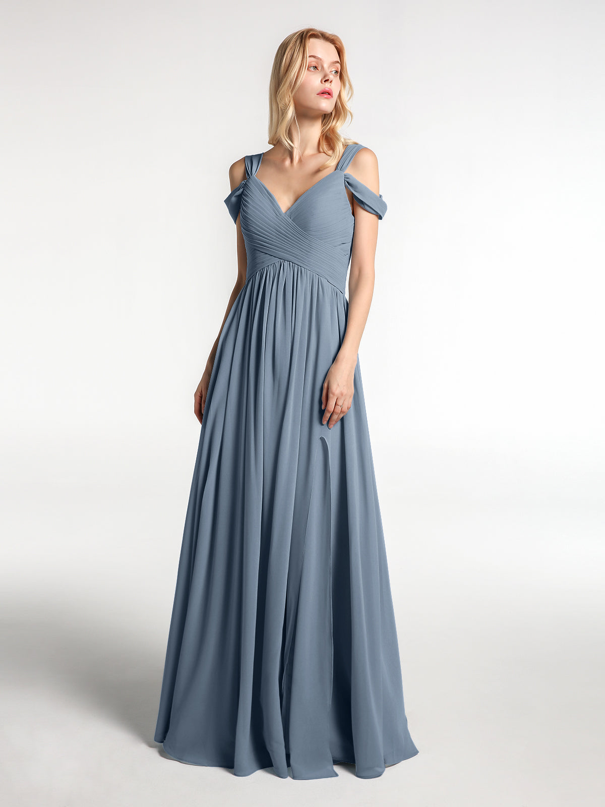Cold Shoulder Empire Waist Max Dress with Slit Dusty Blue