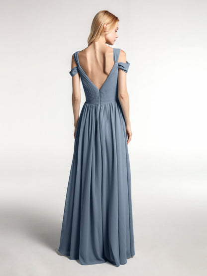 Cold Shoulder Empire Waist Max Dress with Slit Dusty Blue