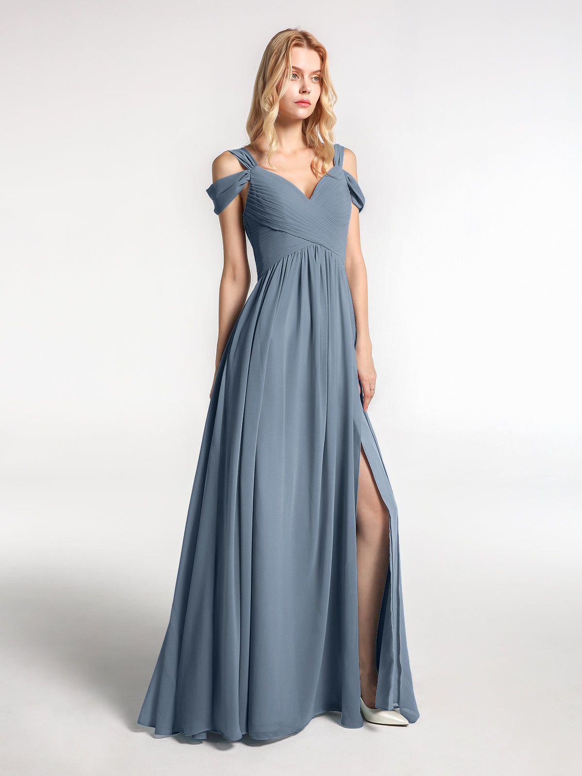 Cold Shoulder Empire Waist Max Dress with Slit Dusty Blue