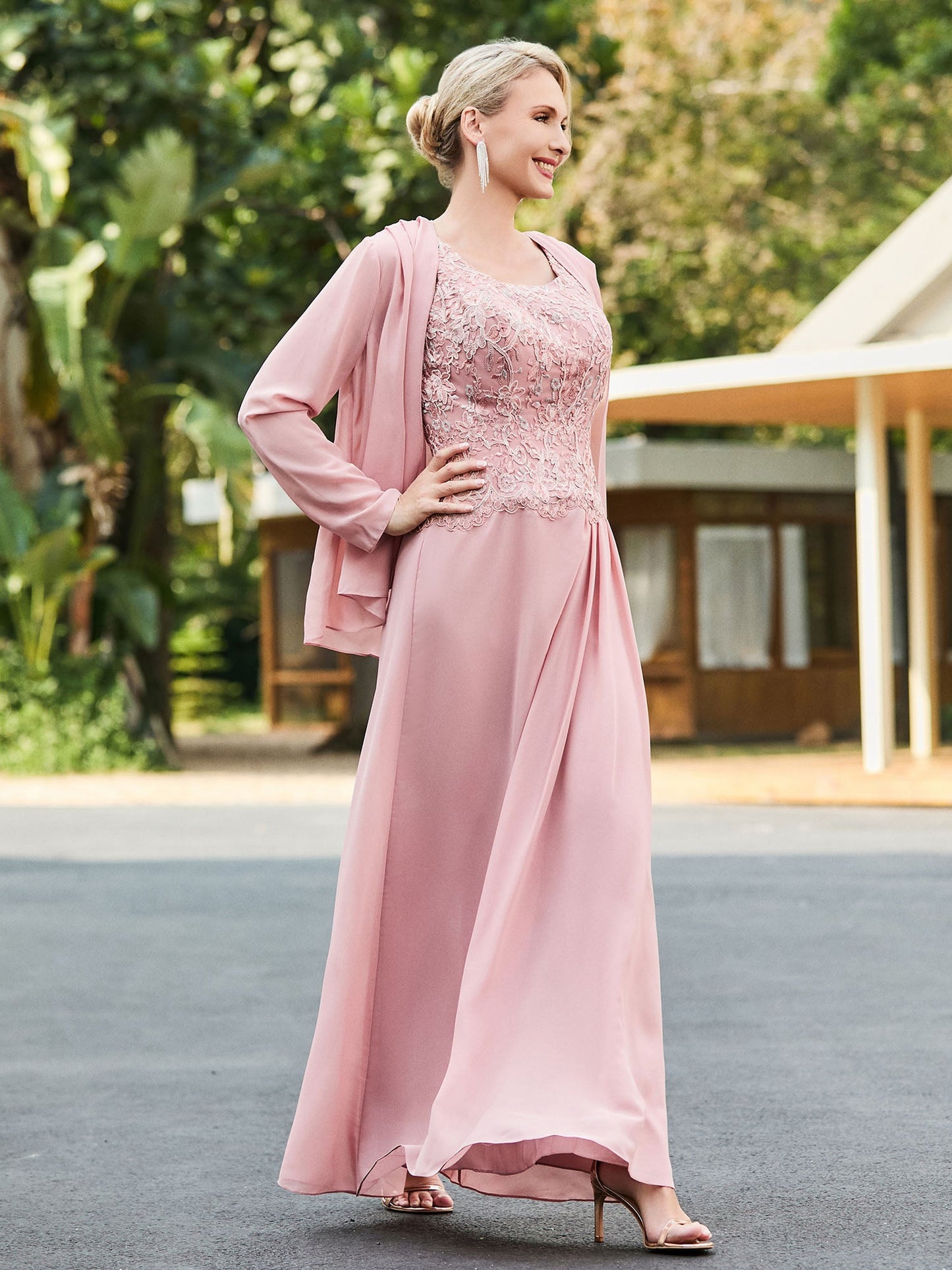 Sleeveless Lace Appliqued Dress with Jacket Dusty Rose
