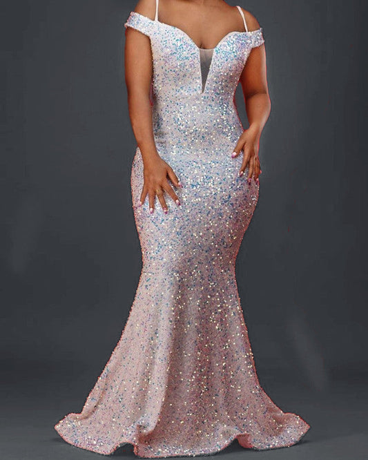 Cream Iridescent Sequin Mermaid Prom Dresses Off Shoulder