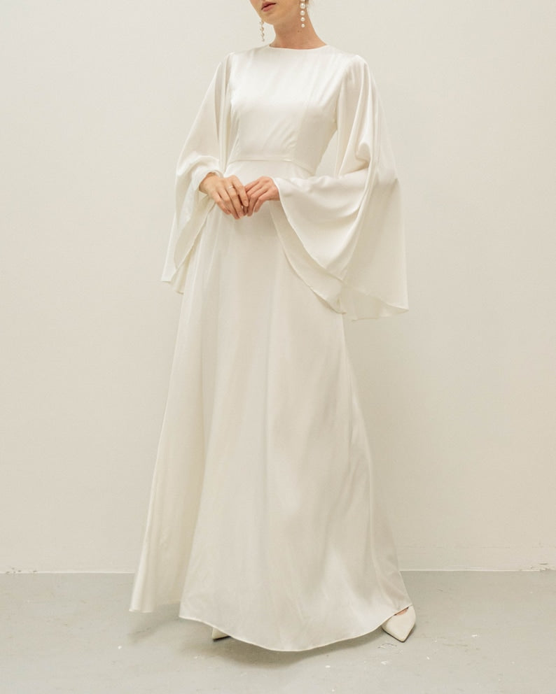 Cream White Floor Length Dress / Angle Long Sleeves Satin Wedding Gown