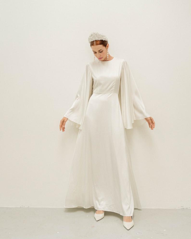 Cream White Floor Length Dress / Angle Long Sleeves Satin Wedding Gown