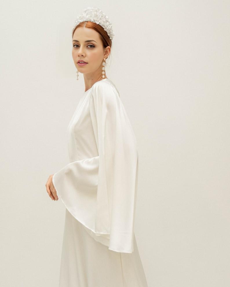 Cream White Floor Length Dress / Angle Long Sleeves Satin Wedding Gown