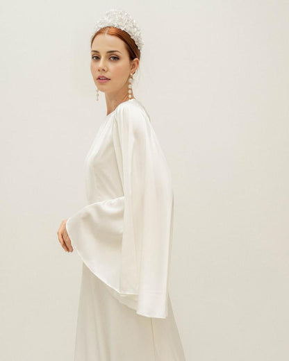 Cream White Floor Length Dress / Angle Long Sleeves Satin Wedding Gown