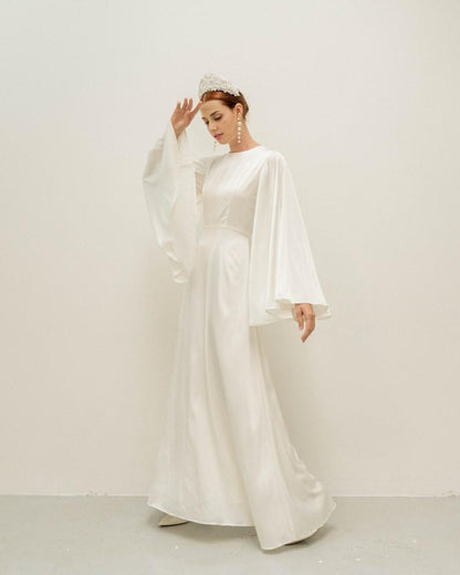 Cream White Floor Length Dress / Angle Long Sleeves Satin Wedding Gown