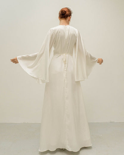 Cream White Floor Length Dress / Angle Long Sleeves Satin Wedding Gown