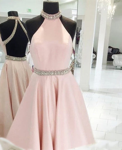 Crystal Beaded High Neck Short Pink Satin Homecoming Dresses