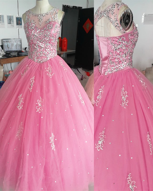 Crystal Beaded Scoop Neck Tulle Quinceanera Dresses Ball Gowns
