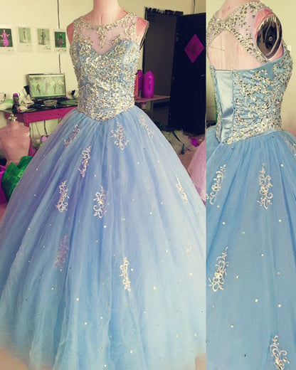 Crystal Beaded Scoop Neck Tulle Quinceanera Dresses Ball Gowns
