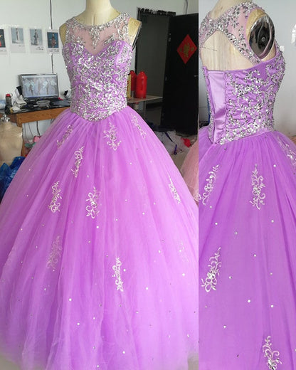 Crystal Beaded Scoop Neck Tulle Quinceanera Dresses Ball Gowns