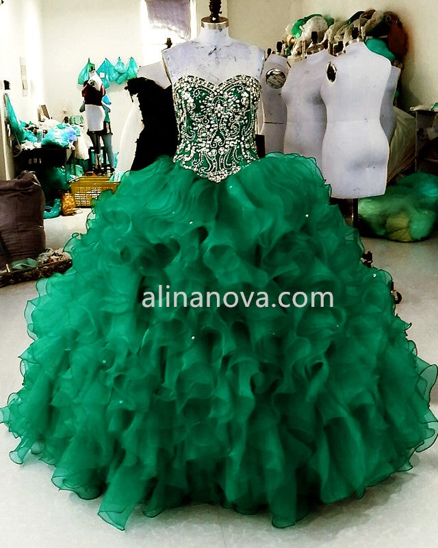 Crystal Beaded Sweetheart Bodice Corset Organza Ruffles Ball Gowns Quinceanera Dresses