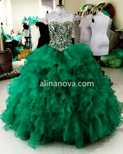 Crystal Beaded Sweetheart Bodice Corset Organza Ruffles Ball Gowns Quinceanera Dresses