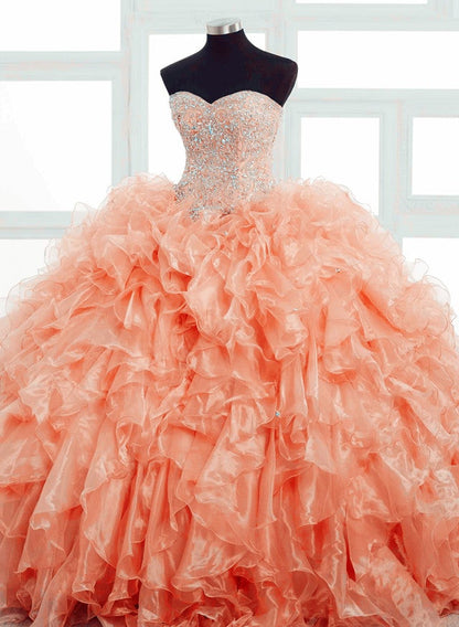 Crystal Beaded Sweetheart Bodice Corset Organza Ruffles Ball Gowns Quinceanera Dresses