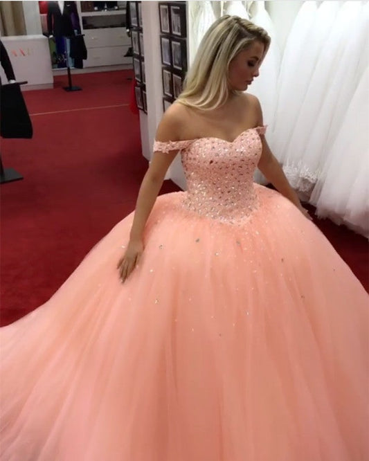 Crystal Beaded Sweetheart Off Shoulder Ball Gowns Coral Wedding Dresses