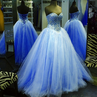 Crystal Beaded Sweetheart Tulle Ball Gowns Prom Quinceanera Dresses